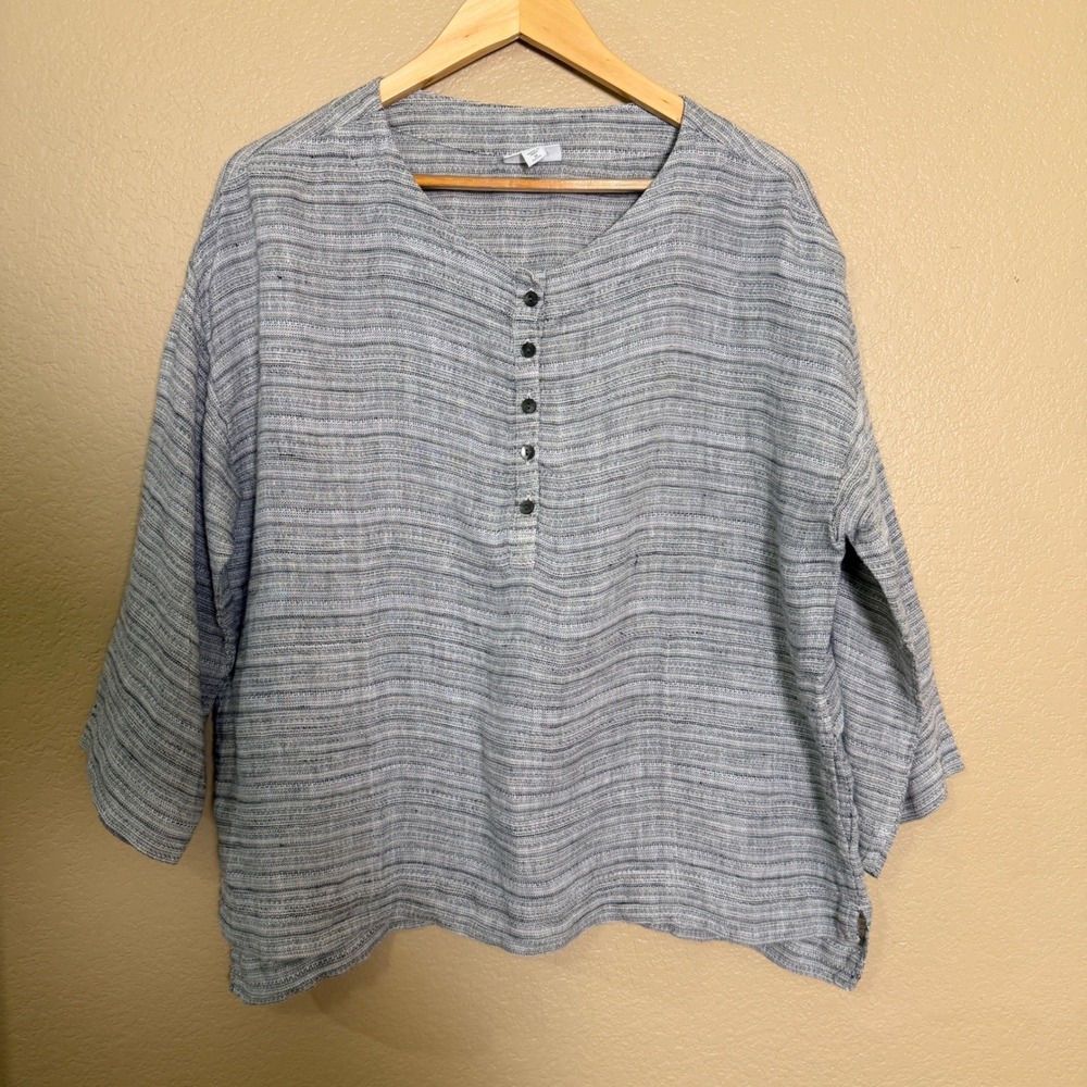 Pure Jill J Jill Linen Henley Tunic Top Blue White Stripe Petite Medium PM